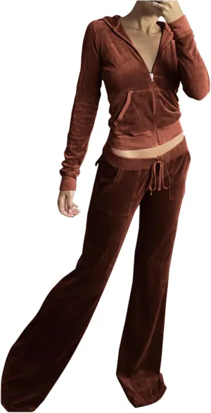 Velour Tracksuit Womens Two Piece Lounge Set Long Sleeve Zip up Hooded Jacket Wide Leg Pants Y2k Sweatsuit Set