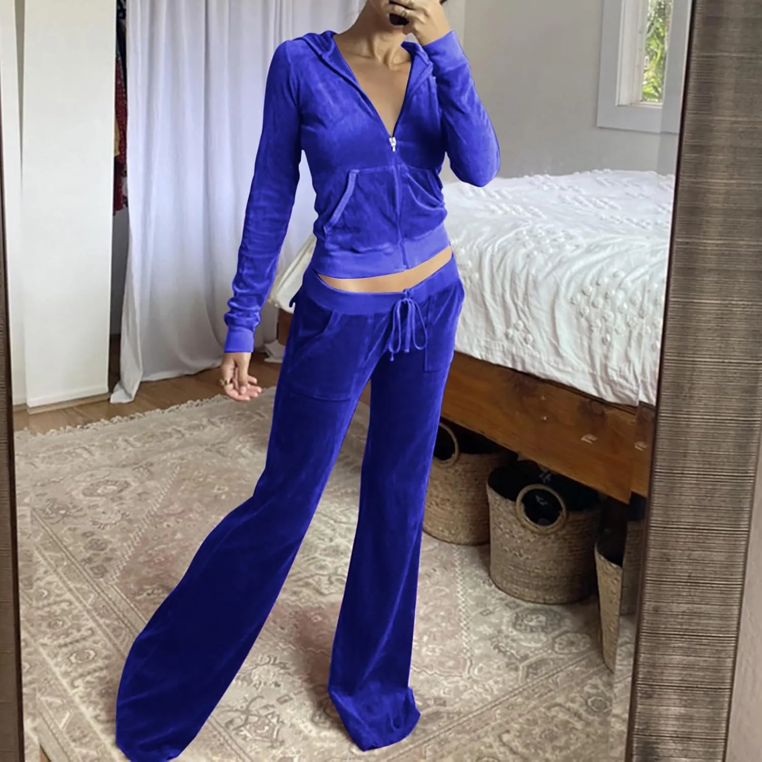 Velour Tracksuit Womens Two Piece Lounge Set Long Sleeve Zip up Hooded Jacket Wide Leg Pants Y2k Sweatsuit Set