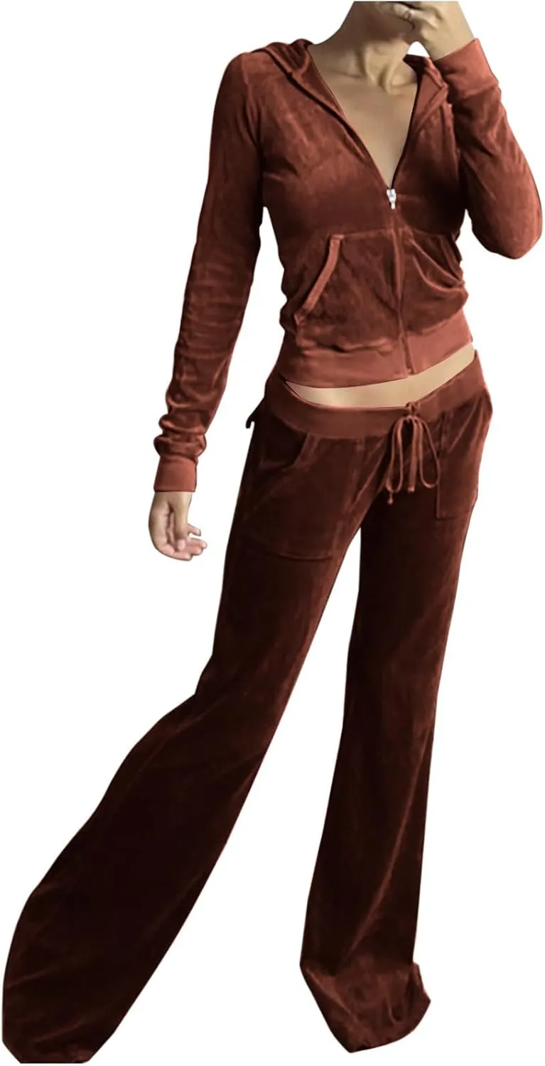 Velour Tracksuit Womens Two Piece Lounge Set Long Sleeve Zip up Hooded Jacket Wide Leg Pants Y2k Sweatsuit Set