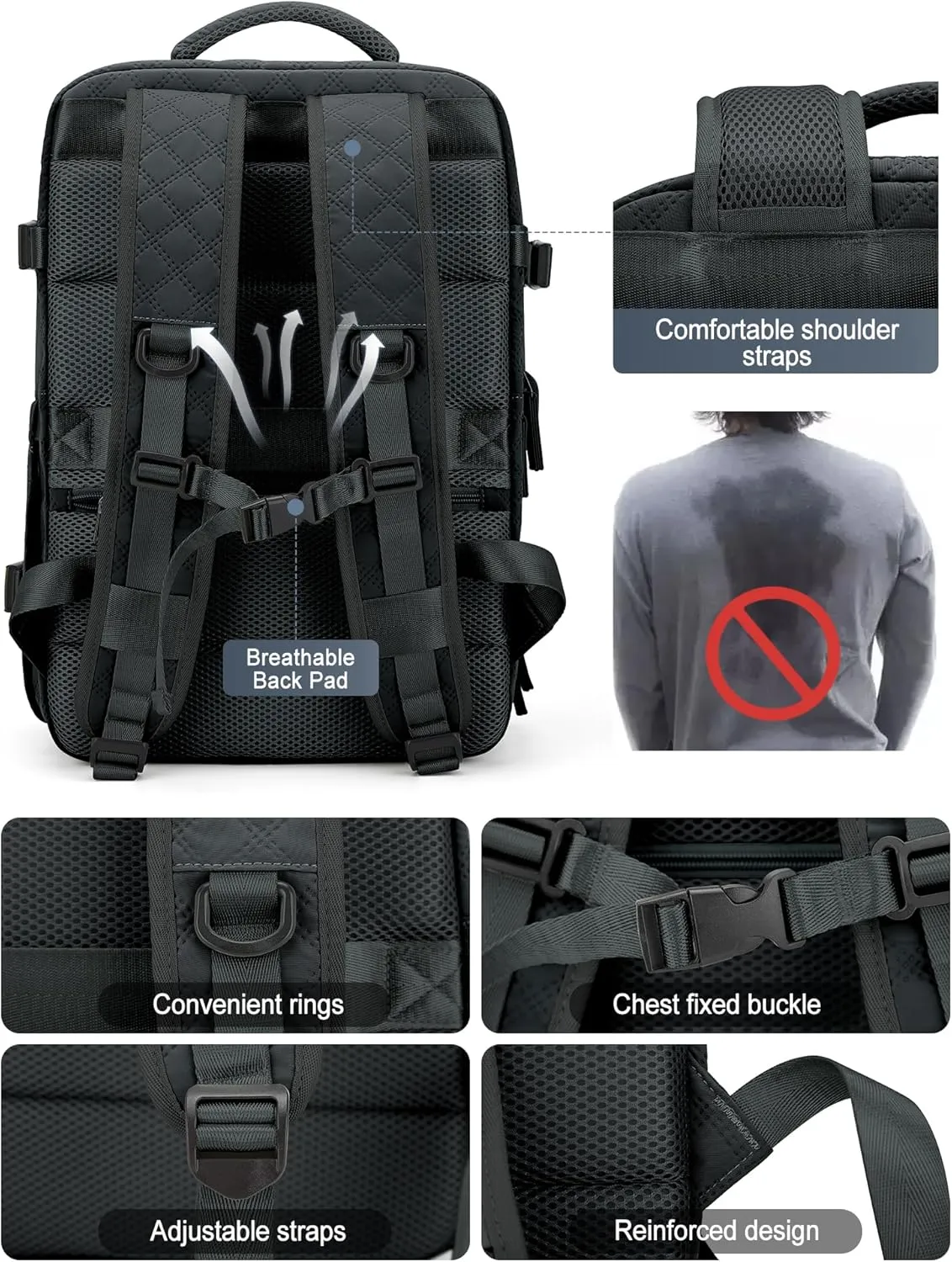 VGCUB Large Travel Backpack for Women Men, Carry on Backpack Airline Approved Gym Backpack Waterproof Business Laptop Daypack, Grayish Blackish
