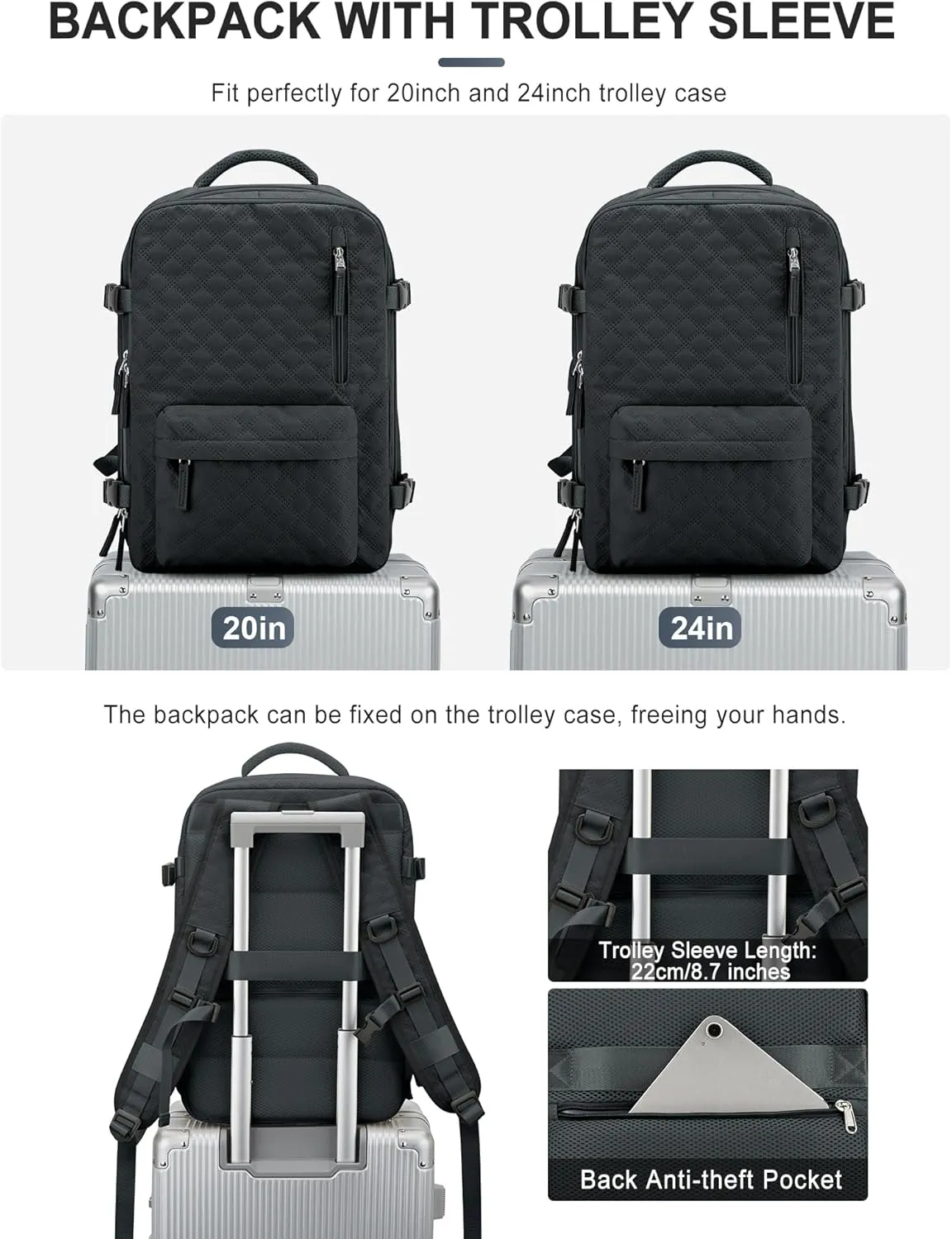 VGCUB Large Travel Backpack for Women Men, Carry on Backpack Airline Approved Gym Backpack Waterproof Business Laptop Daypack, Grayish Blackish
