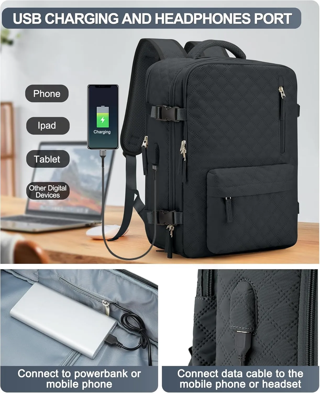 VGCUB Large Travel Backpack for Women Men, Carry on Backpack Airline Approved Gym Backpack Waterproof Business Laptop Daypack, Grayish Blackish