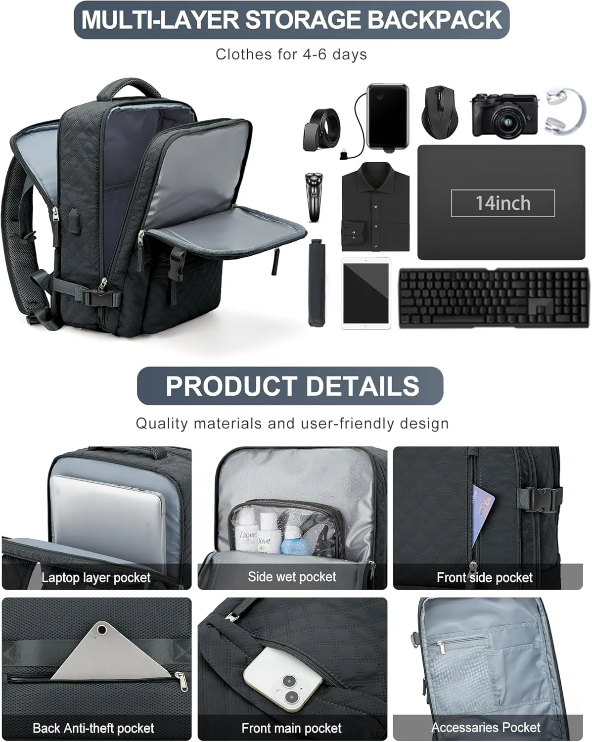 VGCUB Large Travel Backpack for Women Men, Carry on Backpack Airline Approved Gym Backpack Waterproof Business Laptop Daypack, Grayish Blackish
