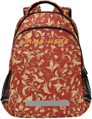 Vine Pattern Red Gold customized name large kids backpacks for school with chest strap personalized name tag books bag for 6th grade school boys girls mochilitas para ni?os reflective