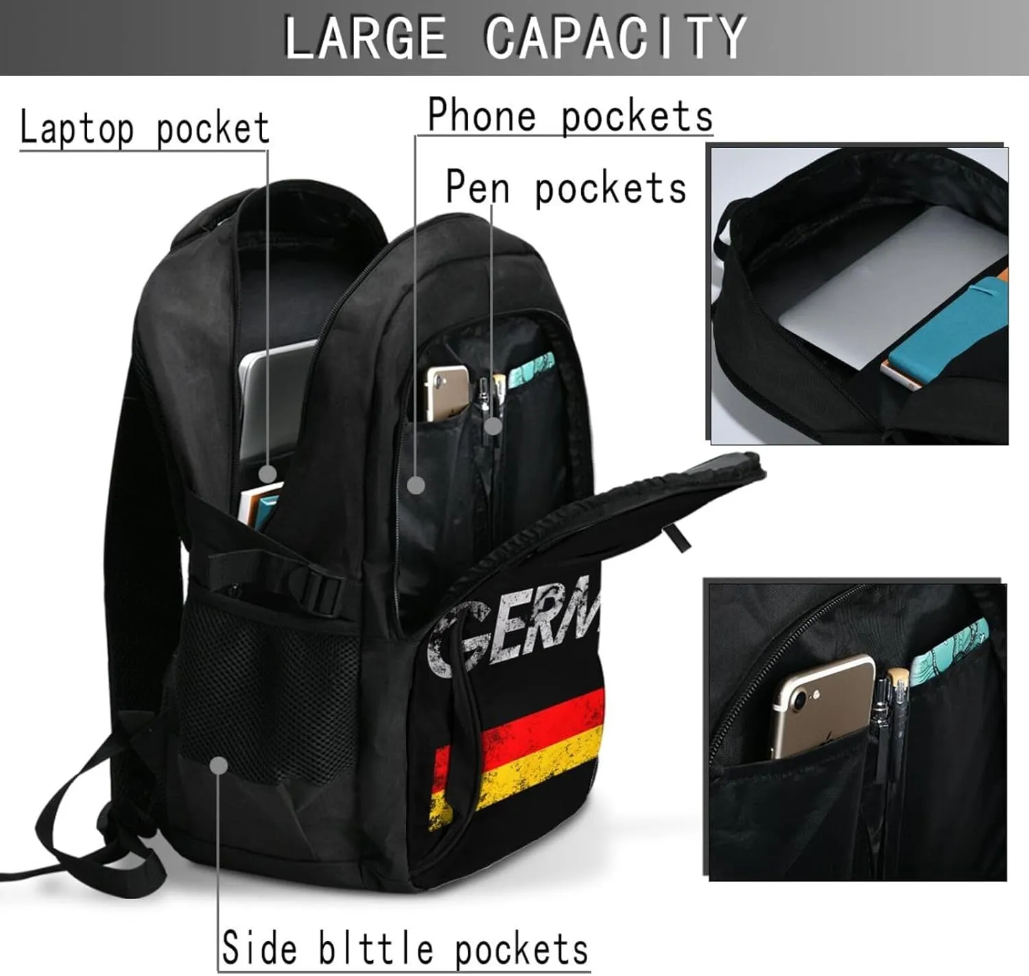 Vintage Germany German Flag Pride Travel Backpacks Casual Backpack Large Capacity Laptop Rucksack Luggage Daypacks with USB Charging Port Multi-Pockets Bags for Hiking