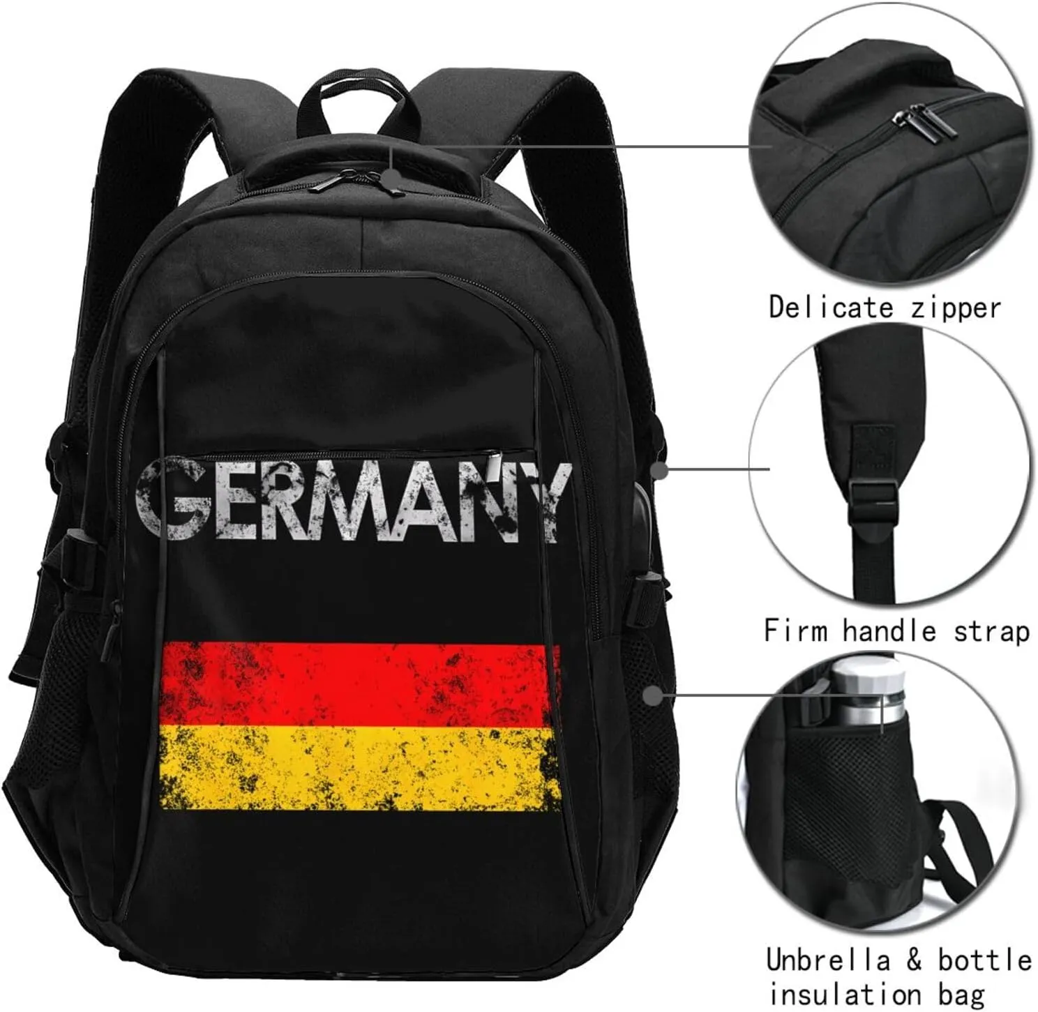 Vintage Germany German Flag Pride Travel Backpacks Casual Backpack Large Capacity Laptop Rucksack Luggage Daypacks with USB Charging Port Multi-Pockets Bags for Hiking