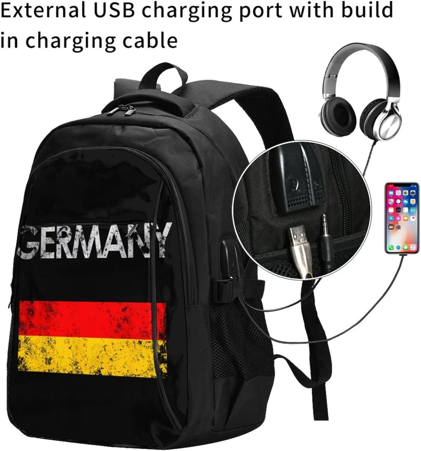 Vintage Germany German Flag Pride Travel Backpacks Casual Backpack Large Capacity Laptop Rucksack Luggage Daypacks with USB Charging Port Multi-Pockets Bags for Hiking