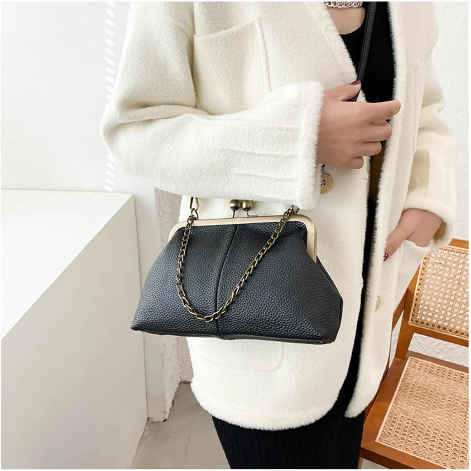 Vintage Kiss Lock Tote Women 2025 Clasp Clutch PU Leather Purse Crossbody Shoulder Bag Everyday Chic Messenger Handbag