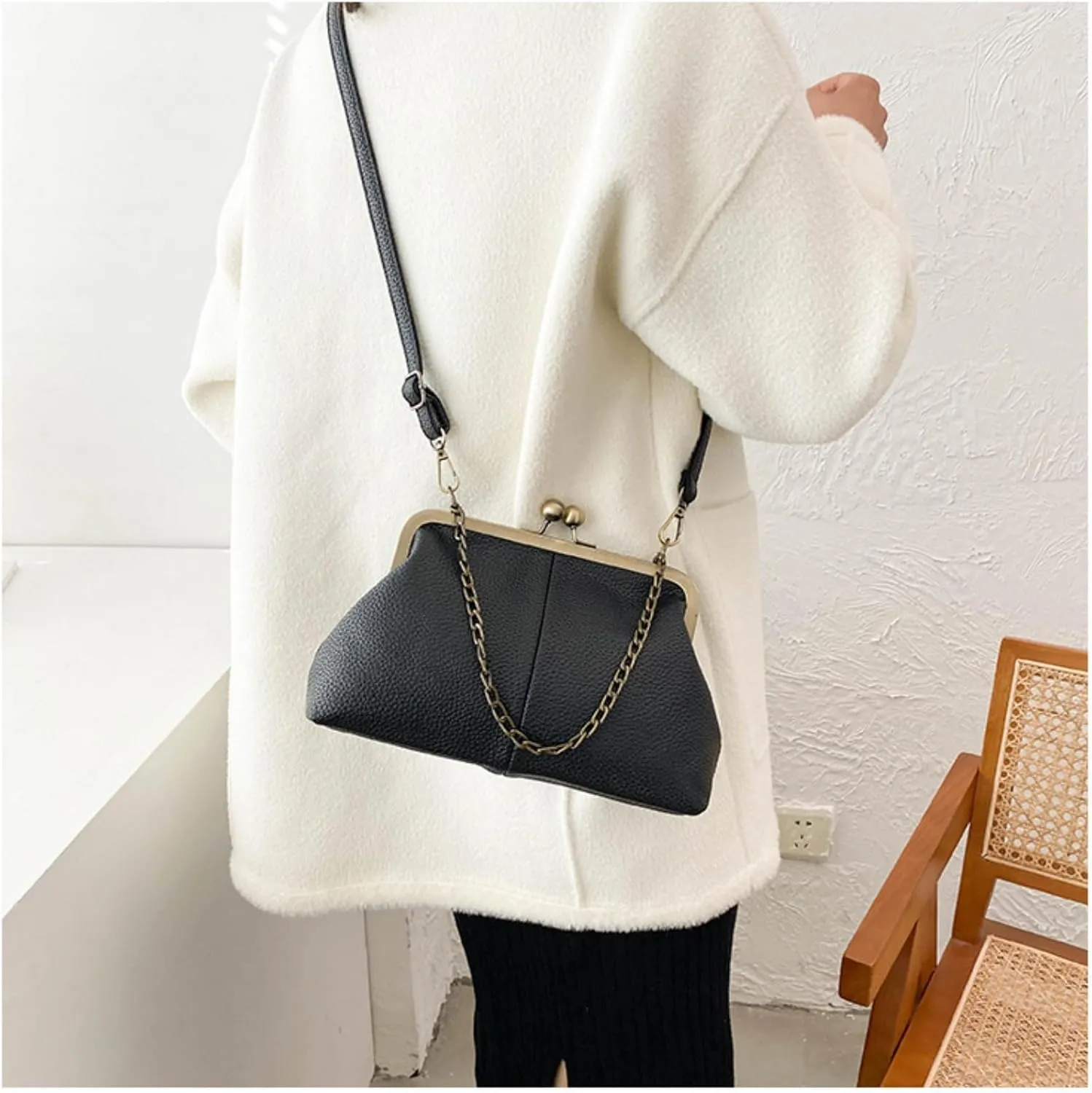 Vintage Kiss Lock Tote Women 2025 Clasp Clutch PU Leather Purse Crossbody Shoulder Bag Everyday Chic Messenger Handbag
