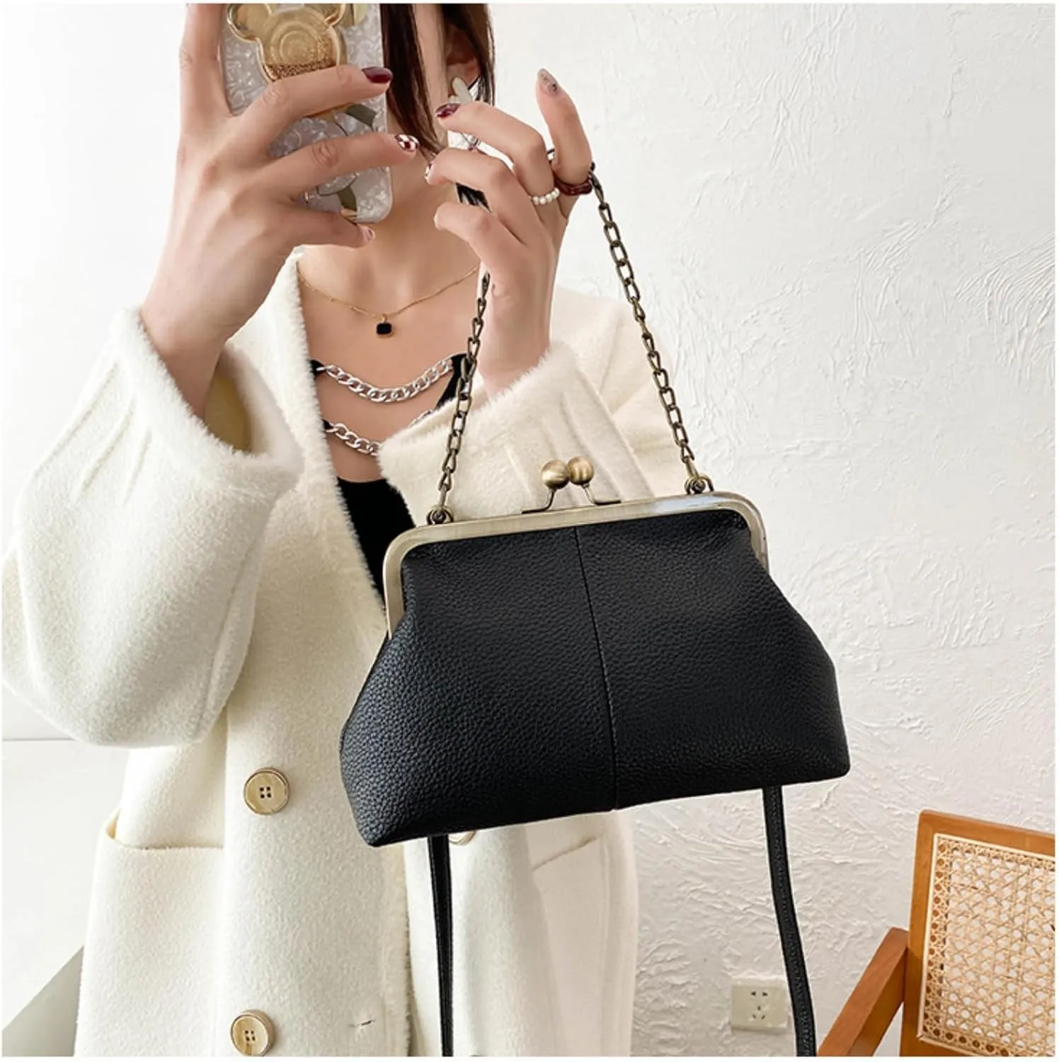 Vintage Kiss Lock Tote Women 2025 Clasp Clutch PU Leather Purse Crossbody Shoulder Bag Everyday Chic Messenger Handbag