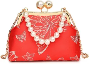 Vintage Printed Lace Clip Handbag With Chain Cheongsam Shoulder Bag For Women