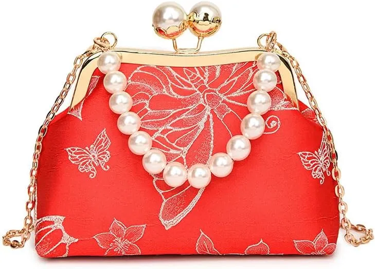 Vintage Printed Lace Clip Handbag With Chain Cheongsam Shoulder Bag For Women