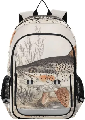 Vintage Trout Closeup Backpack for Women Men Travel Laptop Daypack Shoulder Bag Book Bag Daypack with Reflective Strip 12.9” × 17.7”