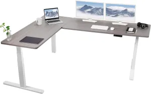 VIVO Electric Height Adjustable 83 x 60 inch Corner Stand Up Desk, 2 Dark Gray Solid Table Tops, White Frame, Memory Controller, L-Shaped Workstation, 3E Series, DESK-KIT-3E8WG