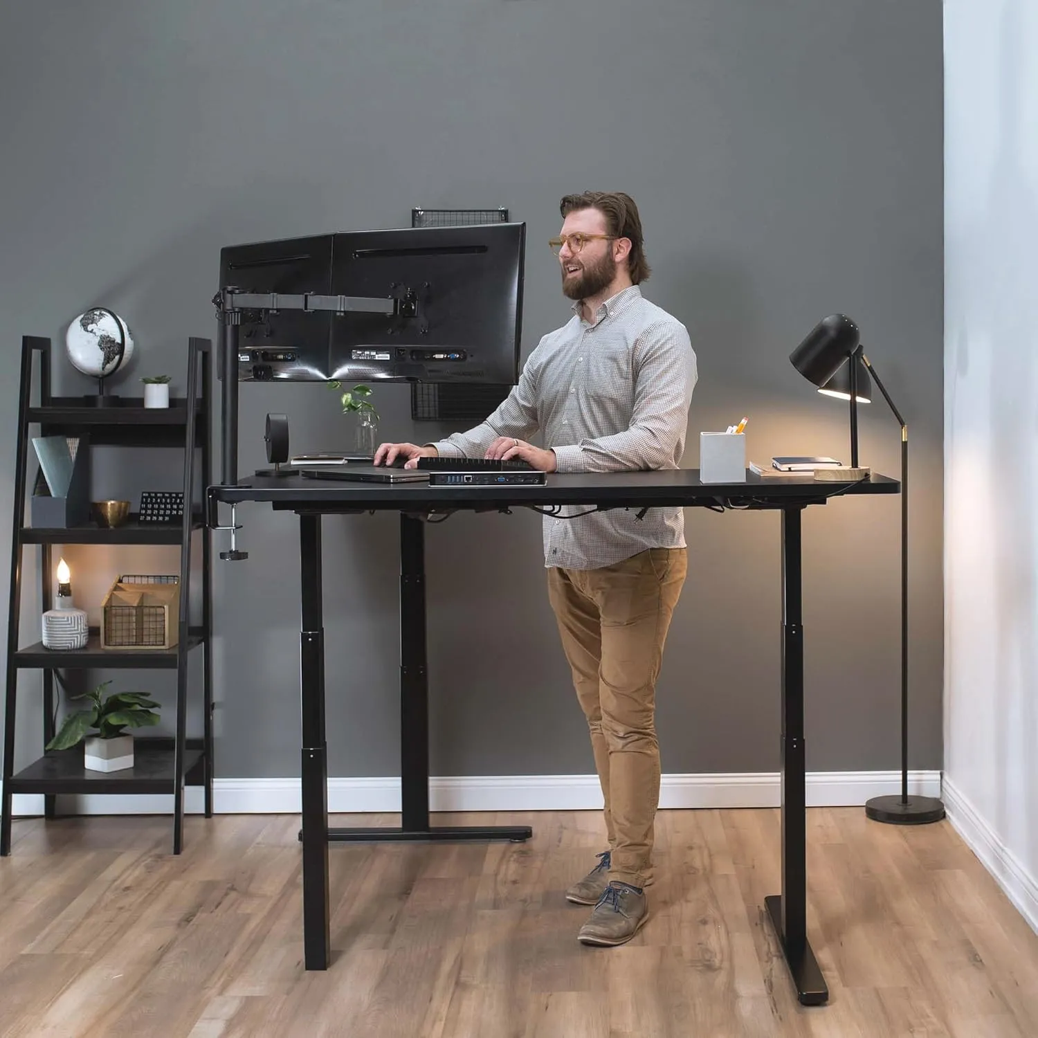 VIVO Electric Height Adjustable 83 x 60 inch Corner Stand Up Desk, 2 Dark Gray Solid Table Tops, White Frame, Memory Controller, L-Shaped Workstation, 3E Series, DESK-KIT-3E8WG