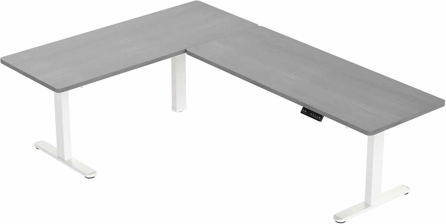 VIVO Electric Height Adjustable 83 x 60 inch Corner Stand Up Desk, 2 Dark Gray Solid Table Tops, White Frame, Memory Controller, L-Shaped Workstation, 3E Series, DESK-KIT-3E8WG