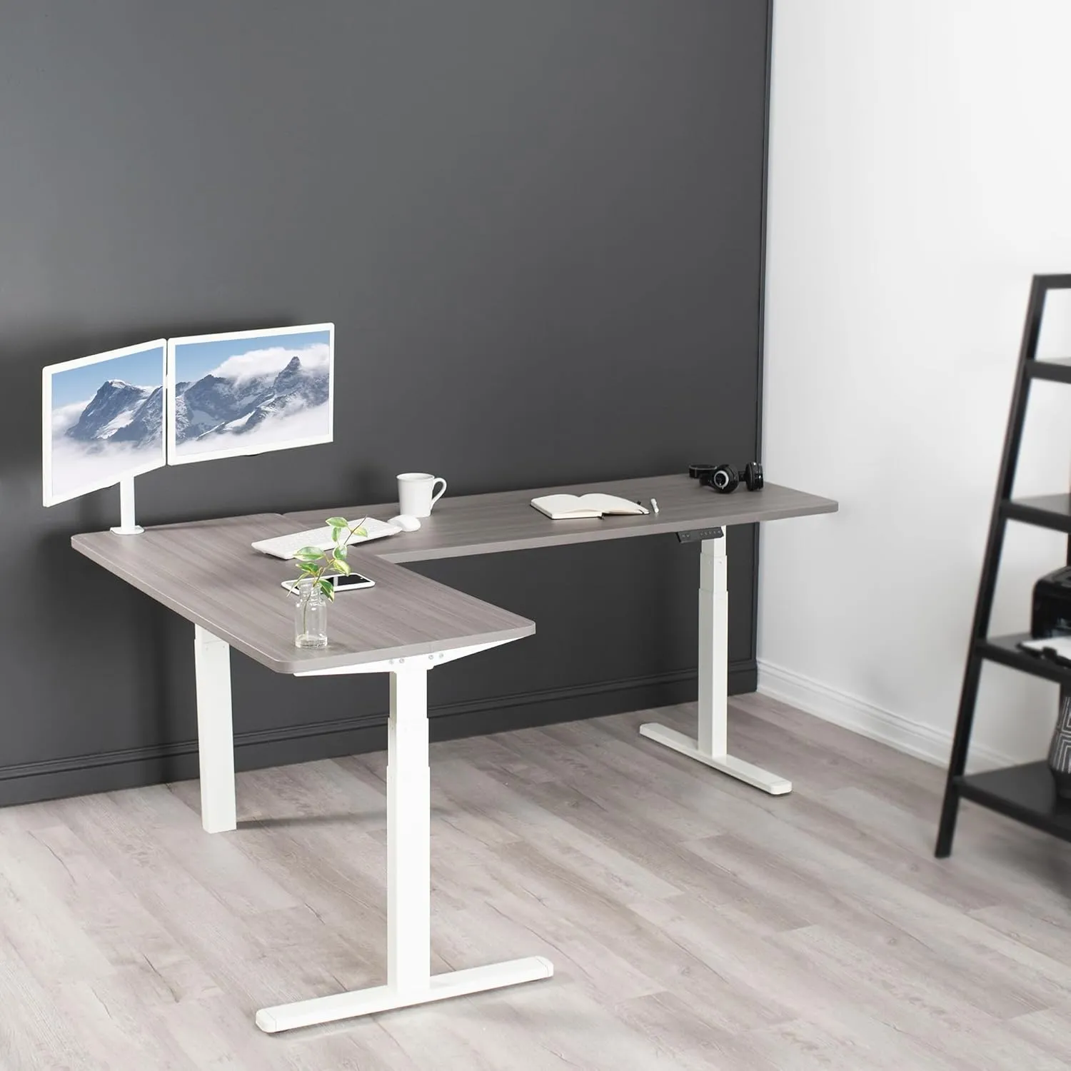 VIVO Electric Height Adjustable 83 x 60 inch Corner Stand Up Desk, 2 Dark Gray Solid Table Tops, White Frame, Memory Controller, L-Shaped Workstation, 3E Series, DESK-KIT-3E8WG