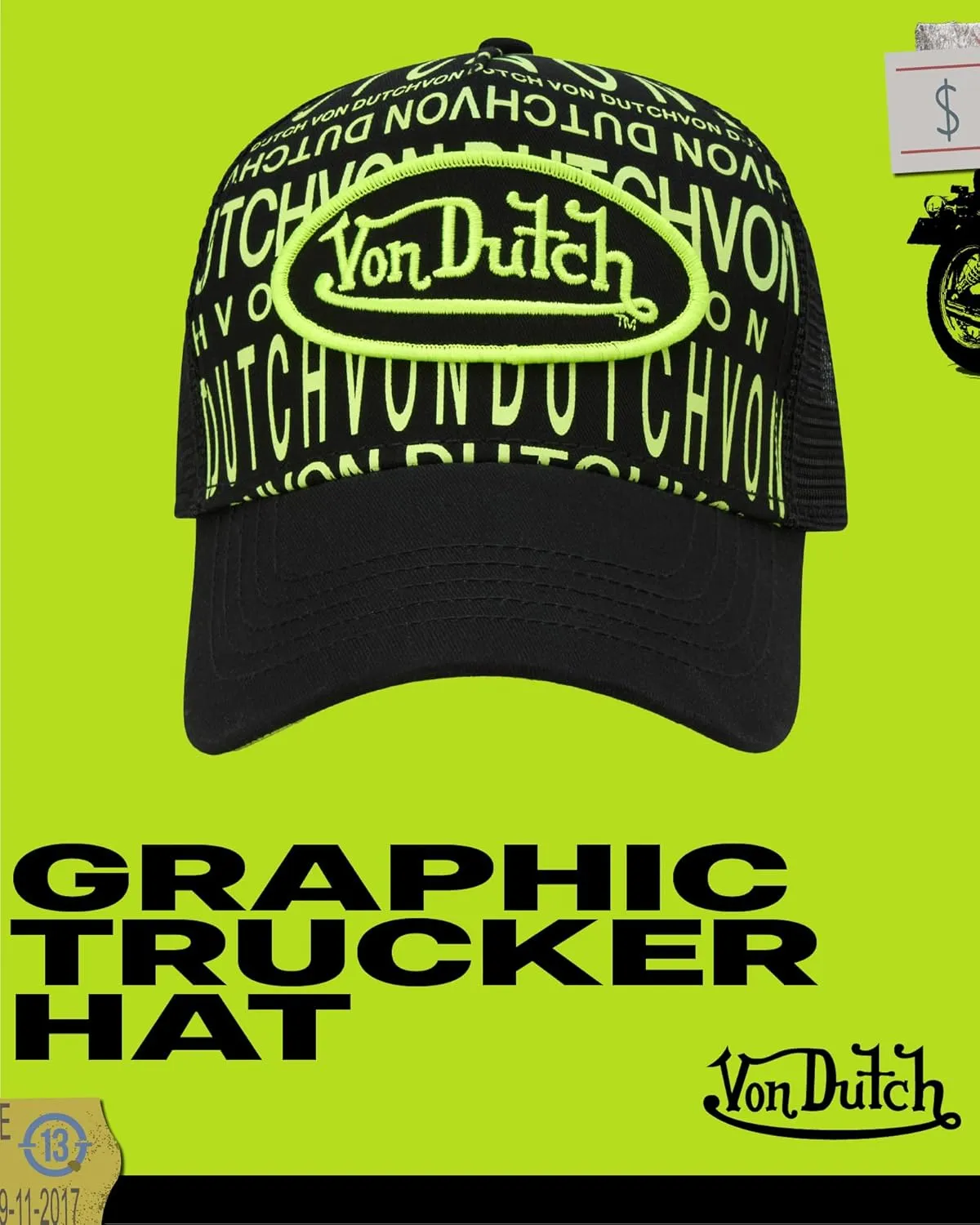 Von Dutch Monogram Trucker Cap - Retro Snapback Cap for Men and Women - Adjustable Snap Fit Panel, Mesh Rear, Curved Bill