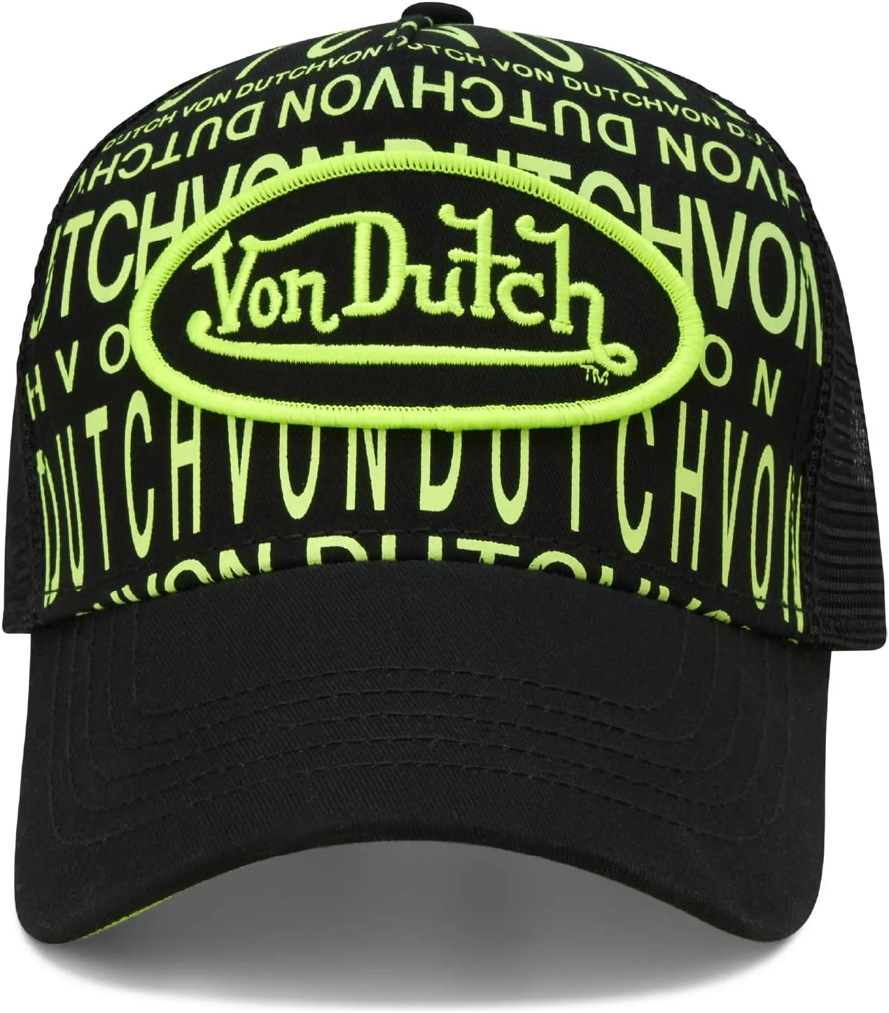 Von Dutch Monogram Trucker Cap - Retro Snapback Cap for Men and Women - Adjustable Snap Fit Panel, Mesh Rear, Curved Bill