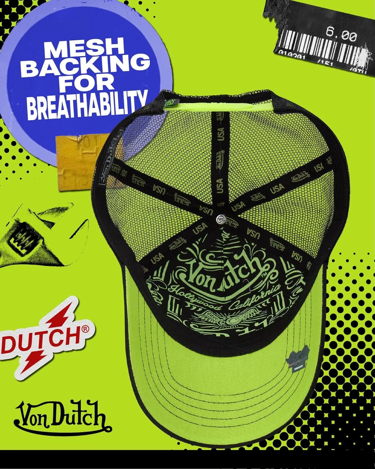 Von Dutch Monogram Trucker Cap - Retro Snapback Cap for Men and Women - Adjustable Snap Fit Panel, Mesh Rear, Curved Bill
