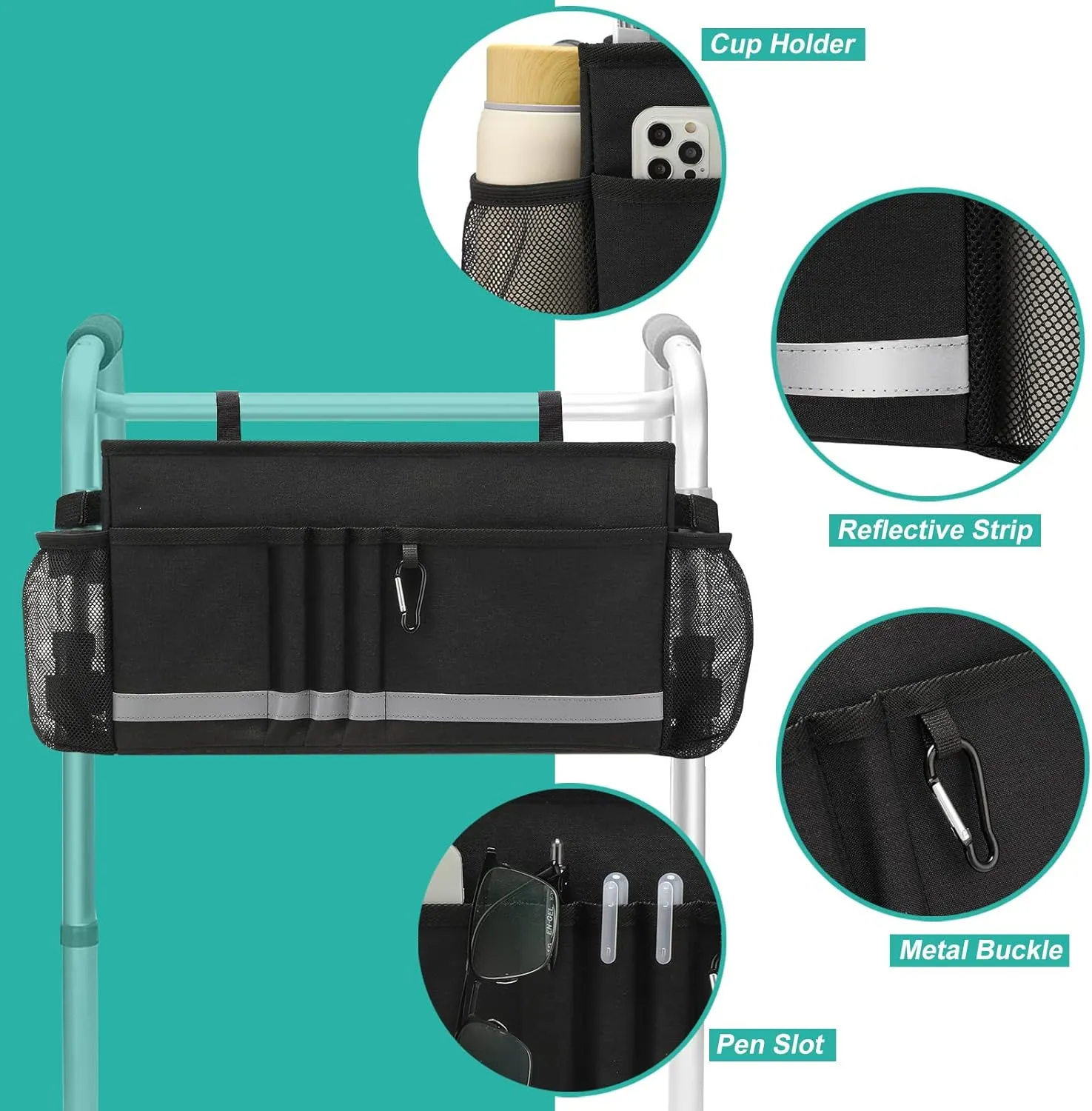 Walker Basket, Folding Walker Bag with Cup Holder, Walker Accessories for Seniors, Black