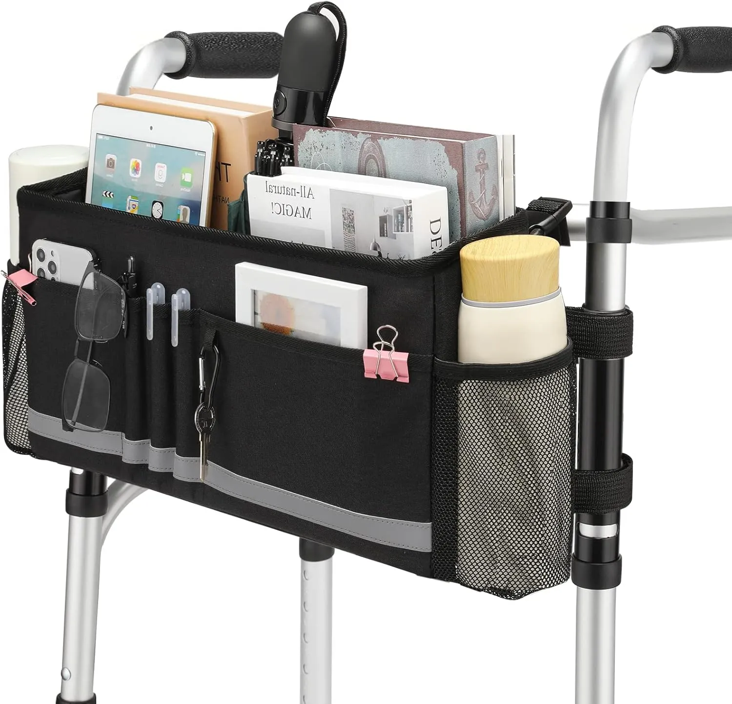 Walker Basket, Folding Walker Bag with Cup Holder, Walker Accessories for Seniors, Black