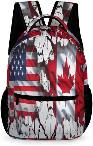 Wall Cracked American Canada Flag Printed Travel Backpack Lightweight Daypack Shoulder Bag for Men Women Travel Camping