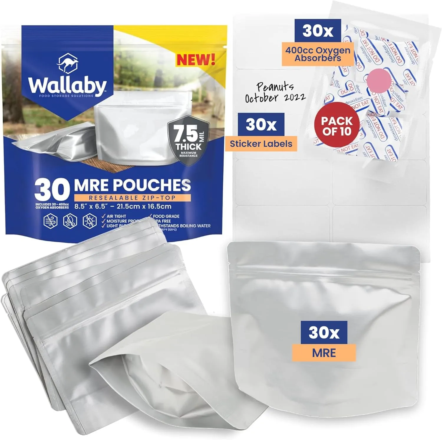 Wallaby 30 Count MRE Mylar Bags with 400cc Oxygen Absorbers, 15 Mil Total Thicker Long-Term Food Storage Pouches, 6.5x8.5 Stand-Up Zipper Heat-Sealable Airtight Packaging - Silver