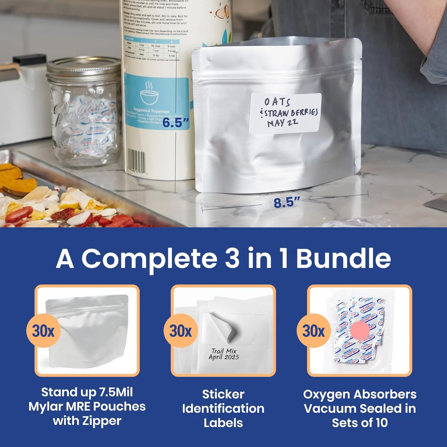 Wallaby 30 Count MRE Mylar Bags with 400cc Oxygen Absorbers, 15 Mil Total Thicker Long-Term Food Storage Pouches, 6.5x8.5 Stand-Up Zipper Heat-Sealable Airtight Packaging - Silver