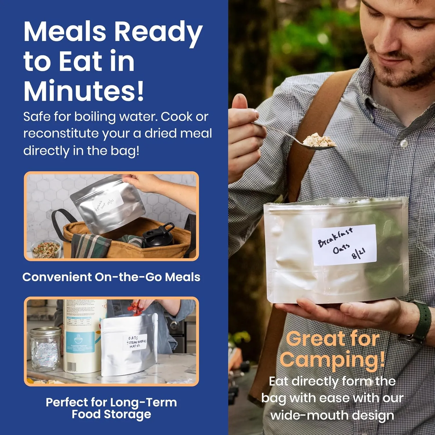 Wallaby 30 Count MRE Mylar Bags with 400cc Oxygen Absorbers, 15 Mil Total Thicker Long-Term Food Storage Pouches, 6.5x8.5 Stand-Up Zipper Heat-Sealable Airtight Packaging - Silver