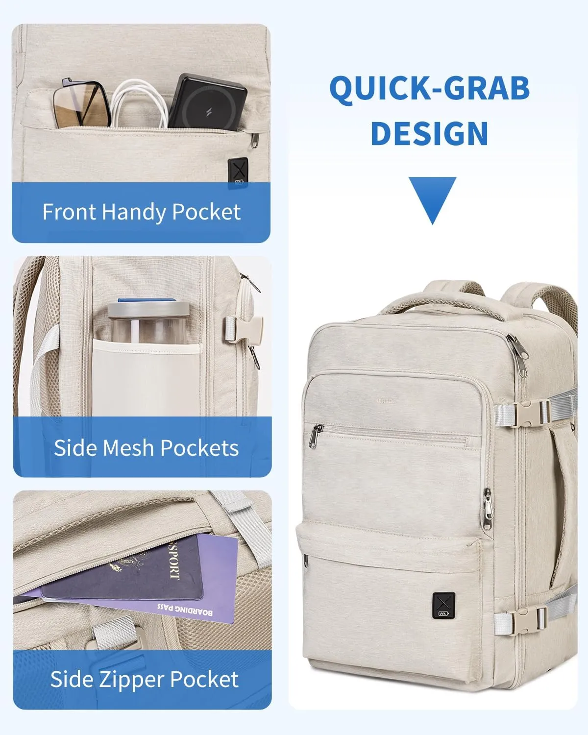 WANDF Travel Backpack For Spirit Airlines Personal Item Bag 18x14x8 with Wet Pocket, 17 Inch Laptop Backpack for Men Women（White）