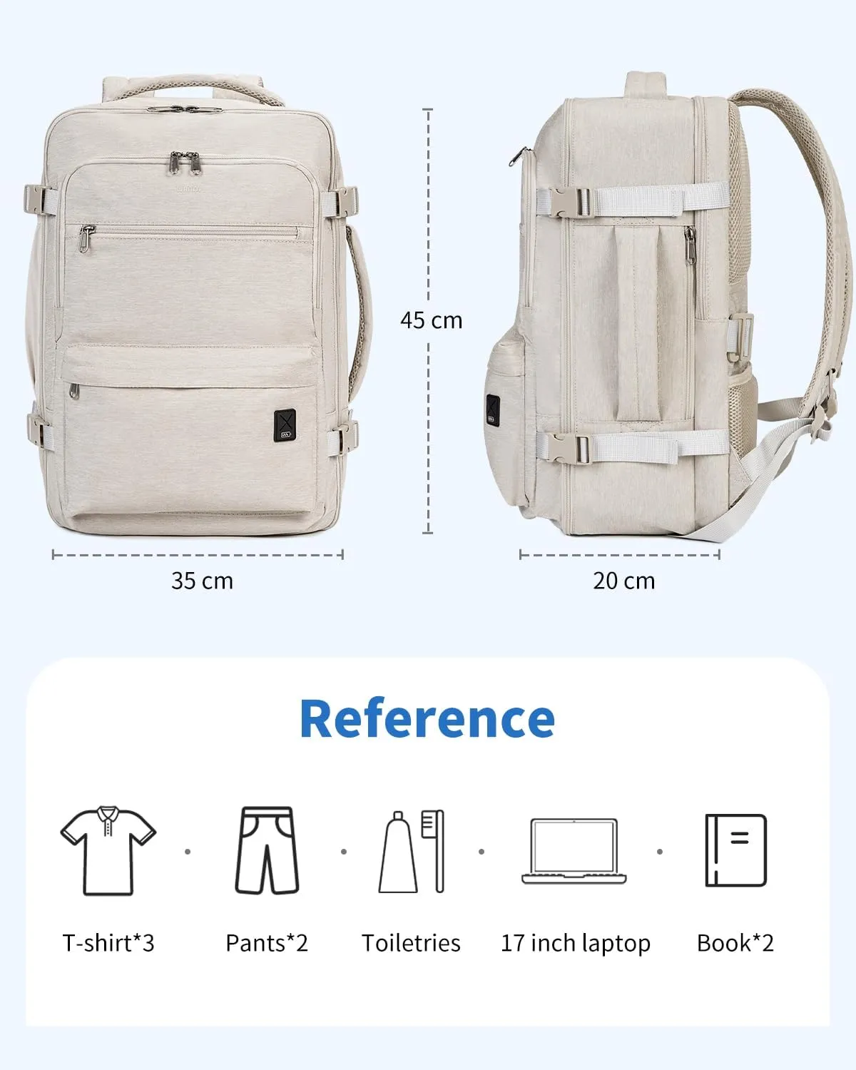 WANDF Travel Backpack For Spirit Airlines Personal Item Bag 18x14x8 with Wet Pocket, 17 Inch Laptop Backpack for Men Women（White）