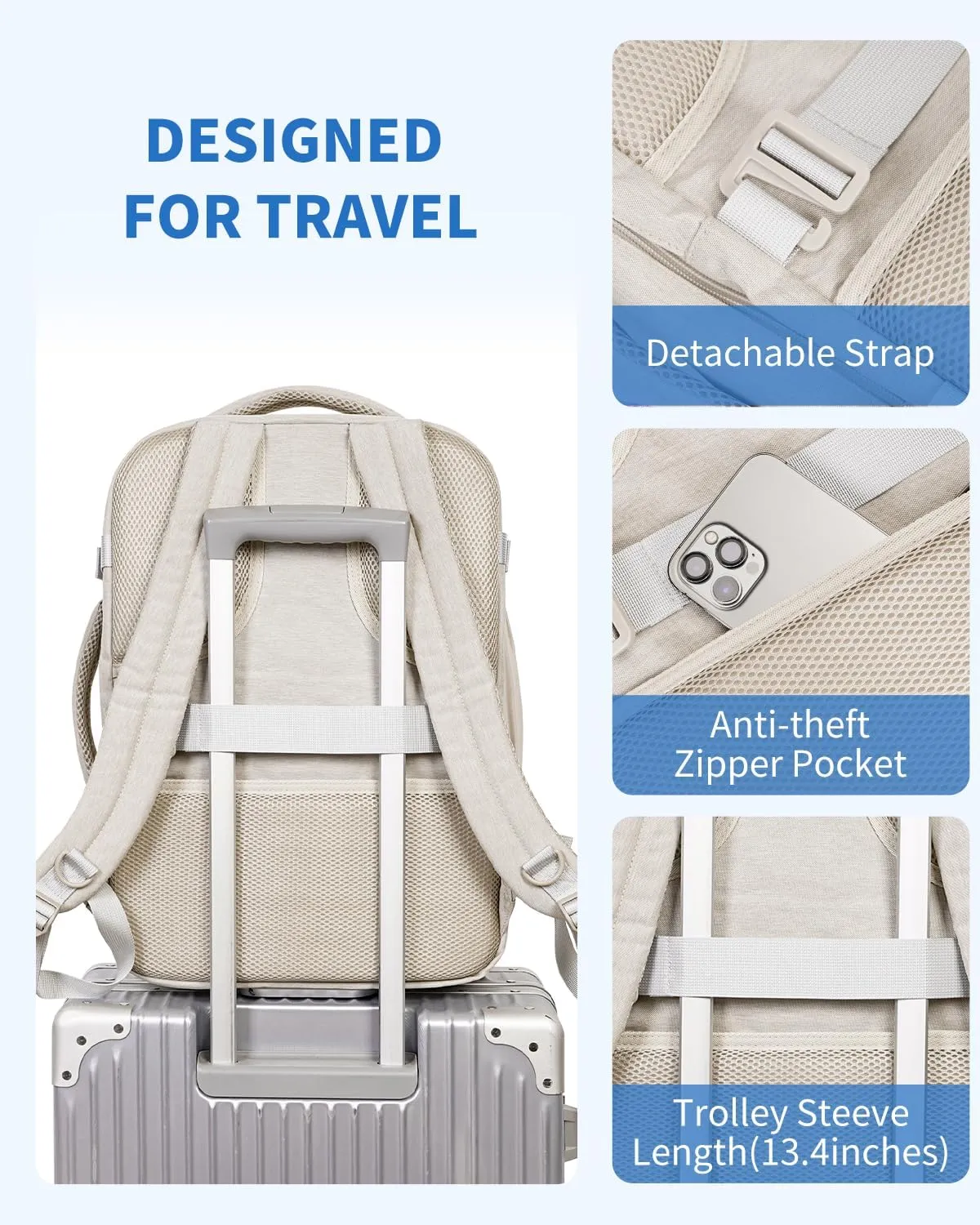 WANDF Travel Backpack For Spirit Airlines Personal Item Bag 18x14x8 with Wet Pocket, 17 Inch Laptop Backpack for Men Women（White）