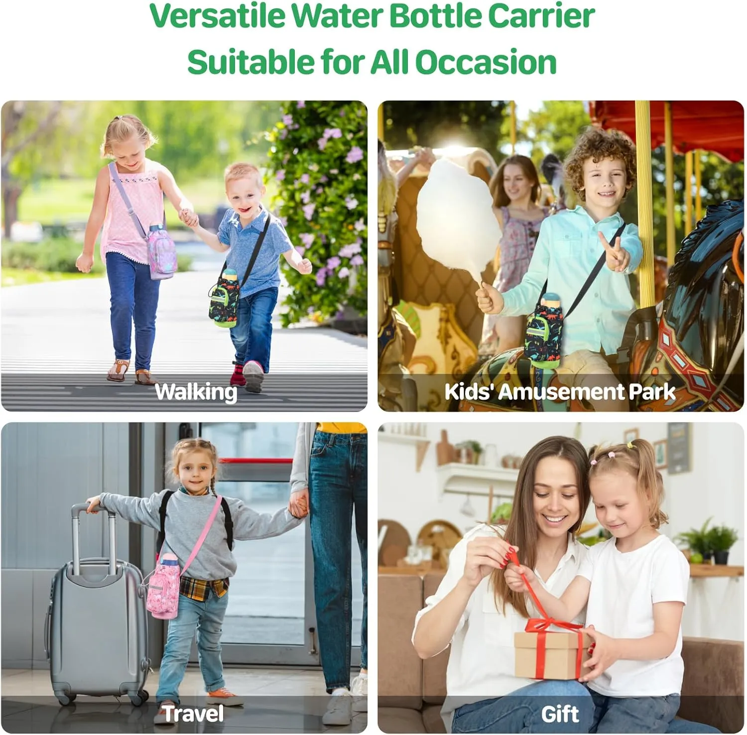 Water Bottle Carrier for Kids - Water Bottle Holder with Strap, Boys Girls Water Bottle Sling Bag for 10/12/14/16/18Oz Water Bottles Walking Hiking Camping (Height 8" Diameter 3.5")