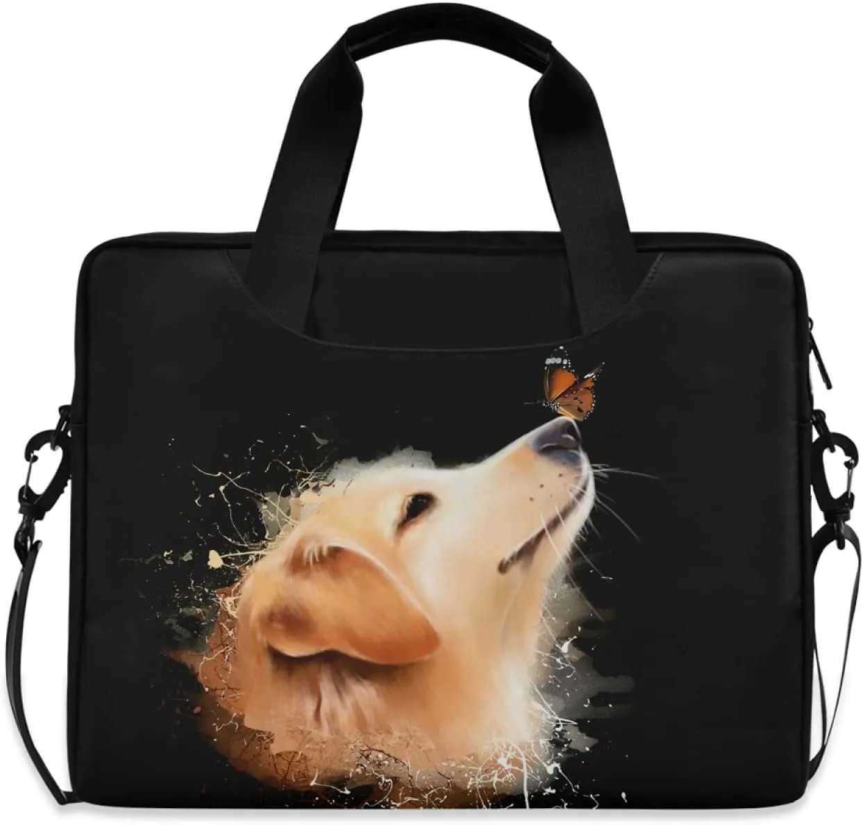 Watercolor Golden Retriever Dog With Butterfly Art Laptop Messenger Bag Case Sleeve Crossbody Briefcase for Men Women with Shoulder Strap Handle 13 14 15.6 inch
