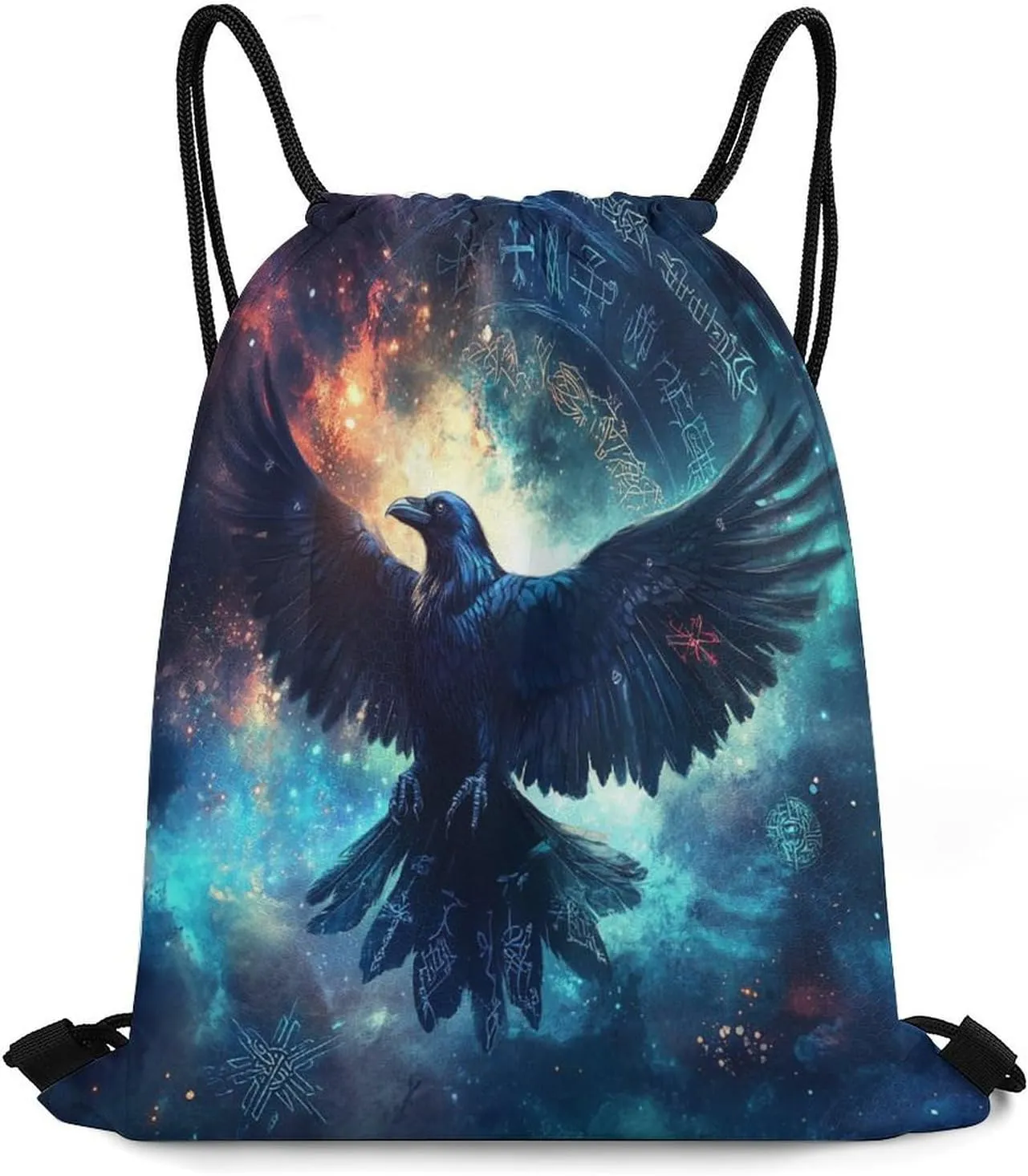 Watercolor Nordic Viking Raven Drawstring Bag Gym Bag,Casual Knapsack Drawstring Backpack