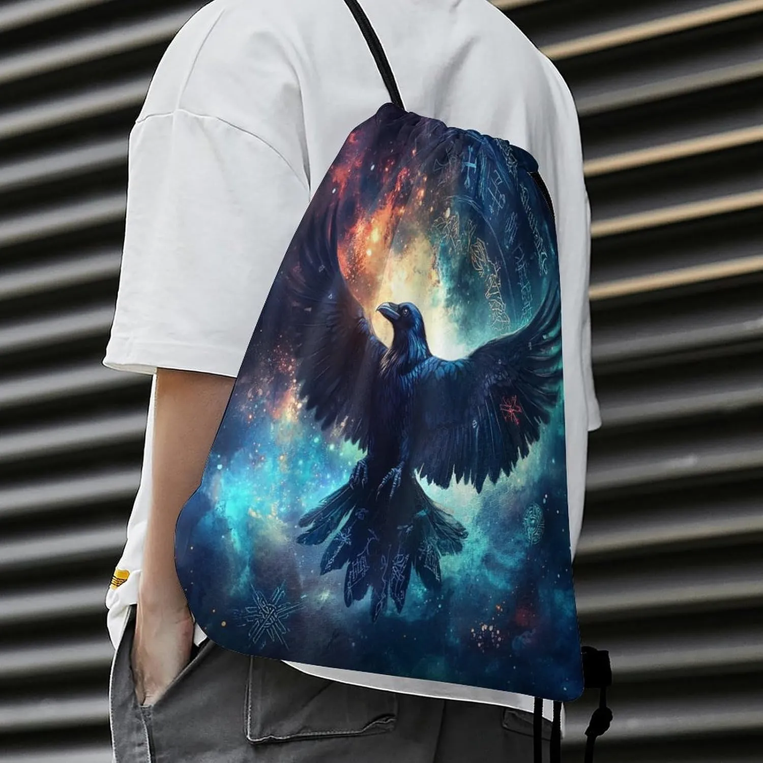 Watercolor Nordic Viking Raven Drawstring Bag Gym Bag,Casual Knapsack Drawstring Backpack
