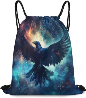 Watercolor Nordic Viking Raven Drawstring Bag Gym Bag,Casual Knapsack Drawstring Backpack