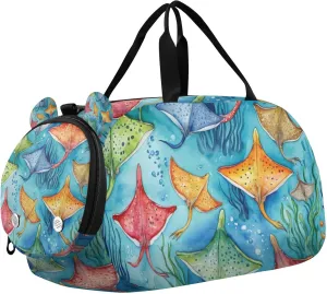 Watercolor Ocean Stingray Fish Duffle Bag for Toddler Girls Boys, Sports Gym Bag with Shoe Compartments, Kids Travel Overnight Weekender Shoulder Bag