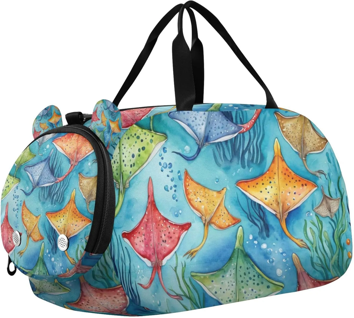 Watercolor Ocean Stingray Fish Duffle Bag for Toddler Girls Boys, Sports Gym Bag with Shoe Compartments, Kids Travel Overnight Weekender Shoulder Bag