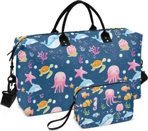 Watercolor Whale Octopus Sports Gym Bag for Women Men Travel Duffel Bag Weekend Overnight Carry on Bag with Toiletry Bag Workout Dance Bag for Swimming Yoga Workout Plane Hospital