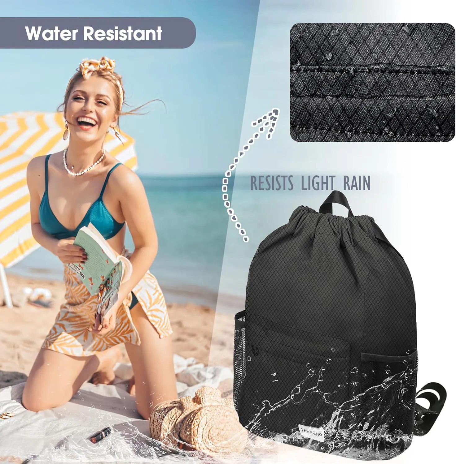 Waterproof Drawstring Backpack Sports Gym Sackpack with Mesh Pocket String Cinch Beach Bag for Men Women