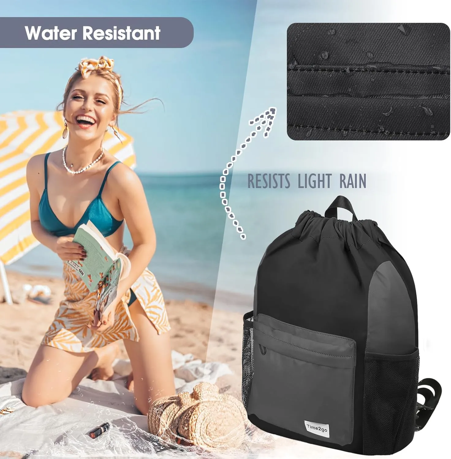 Waterproof Drawstring Backpack Sports Gym Sackpack with Mesh Pocket String Cinch Beach Bag for Men Women