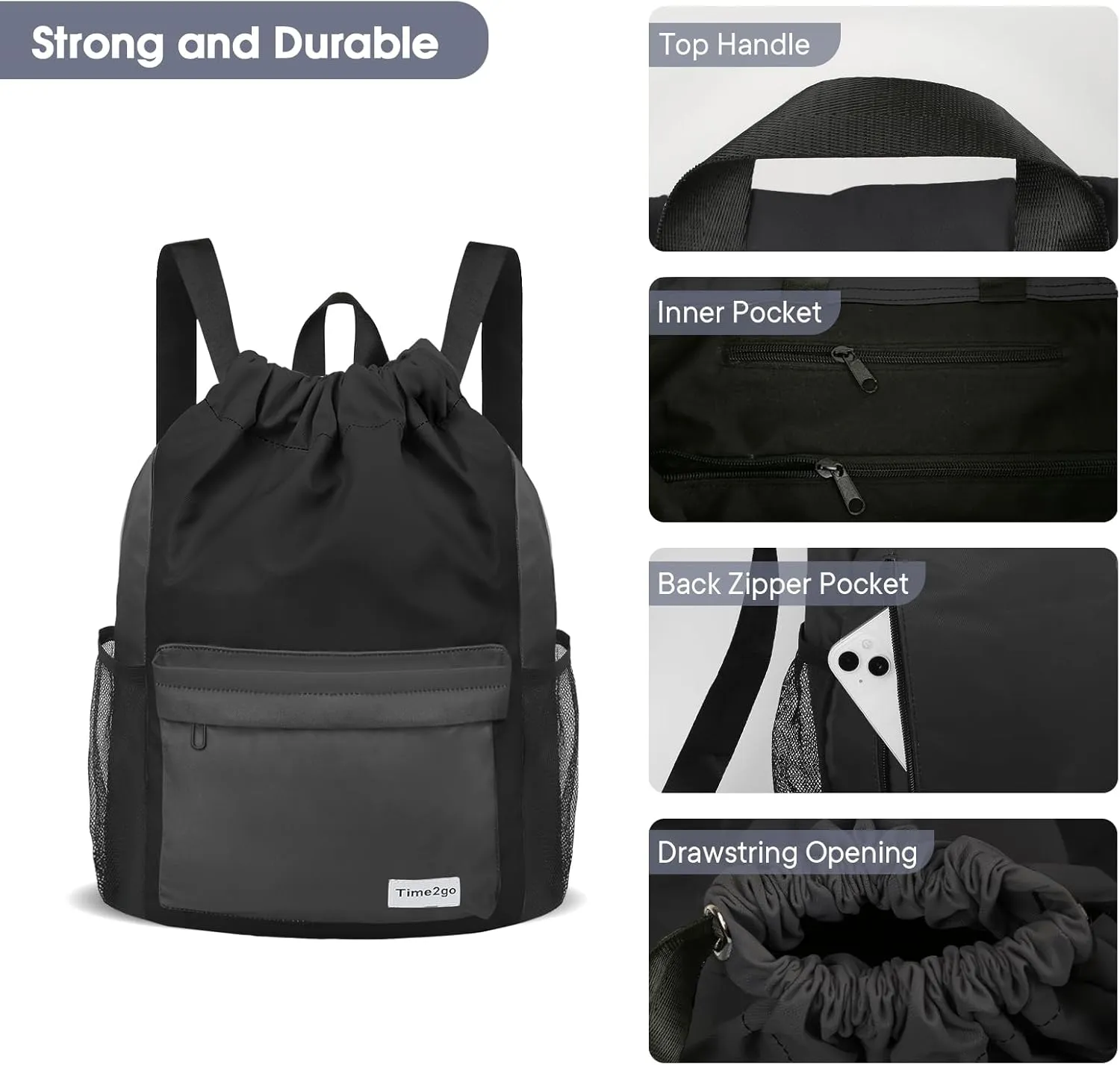 Waterproof Drawstring Backpack Sports Gym Sackpack with Mesh Pocket String Cinch Beach Bag for Men Women