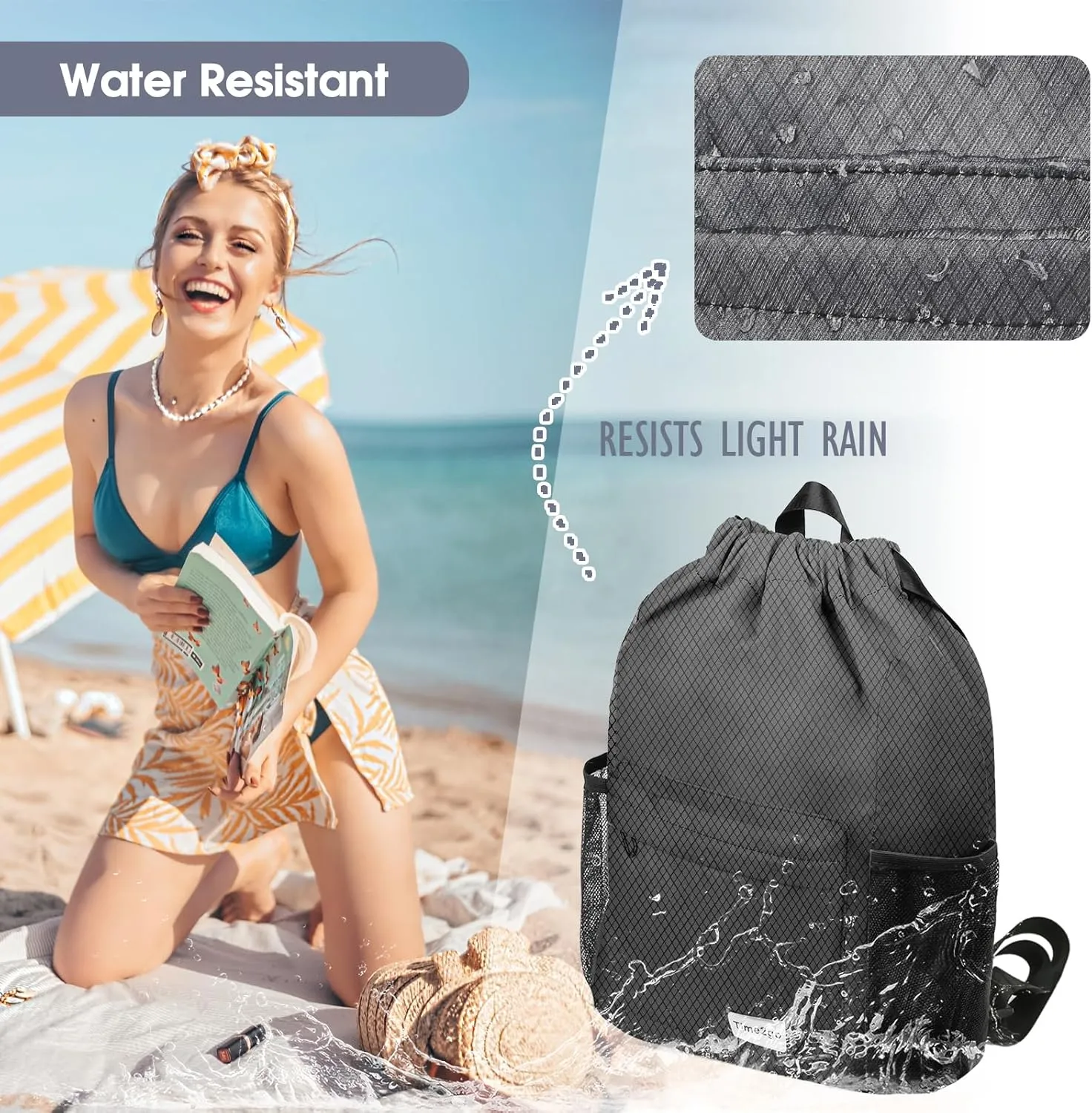 Waterproof Drawstring Backpack Sports Gym Sackpack with Mesh Pocket String Cinch Beach Bag for Men Women