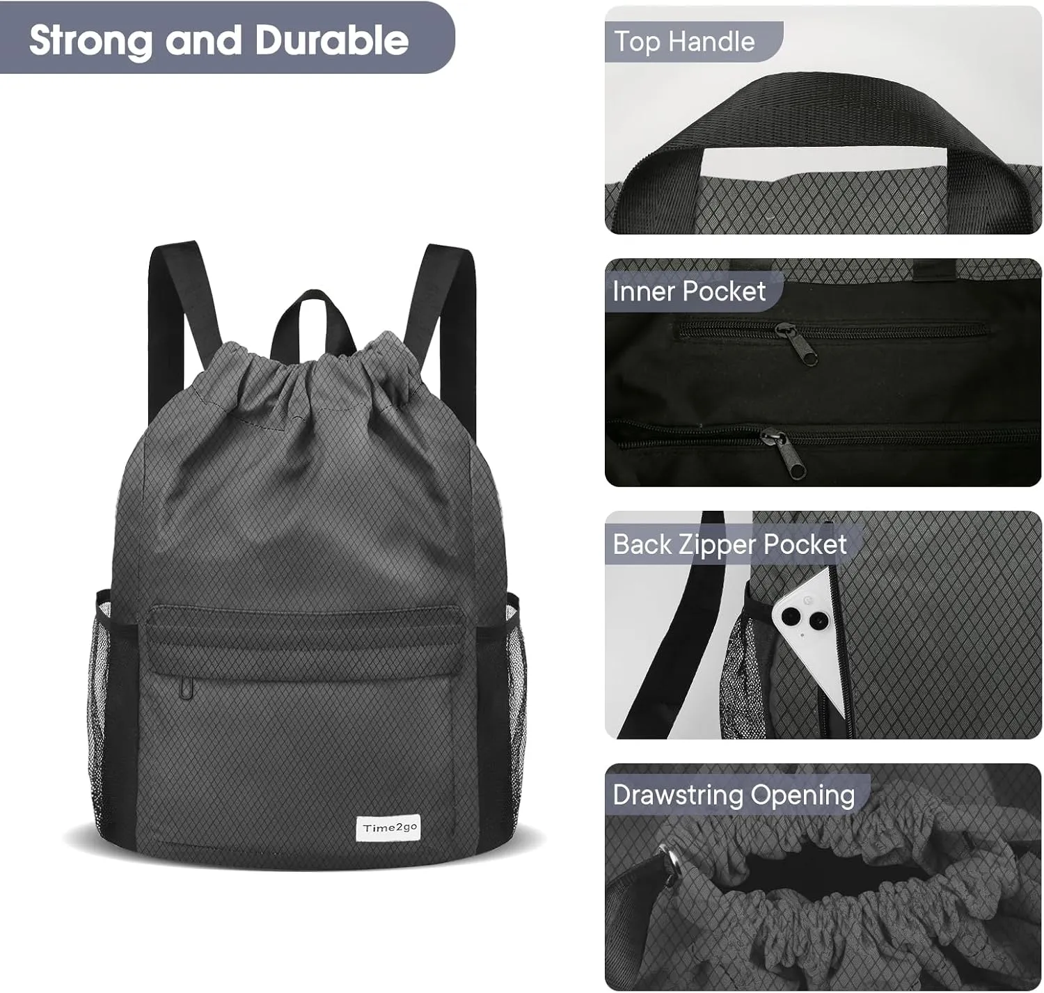 Waterproof Drawstring Backpack Sports Gym Sackpack with Mesh Pocket String Cinch Beach Bag for Men Women