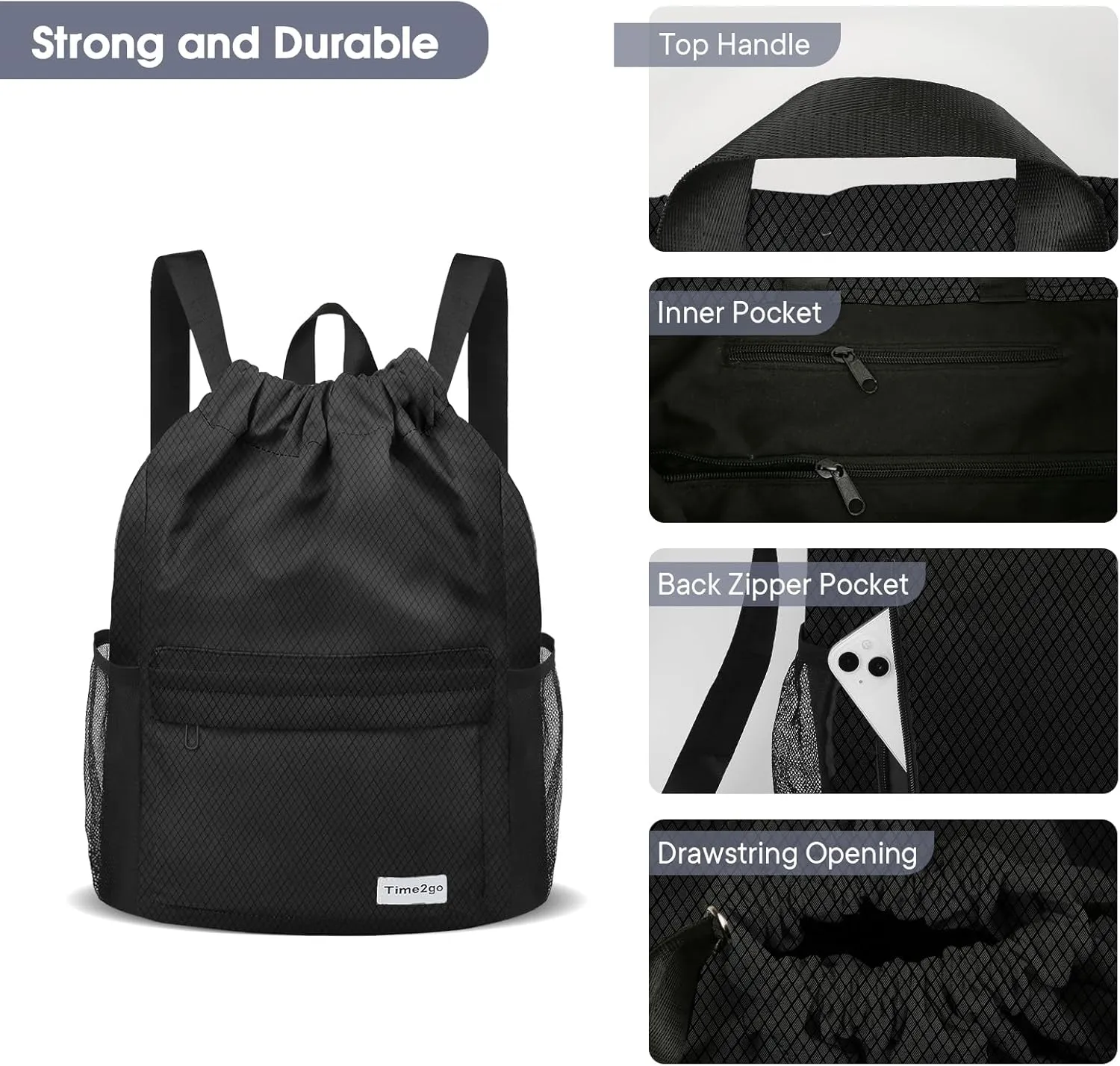 Waterproof Drawstring Backpack Sports Gym Sackpack with Mesh Pocket String Cinch Beach Bag for Men Women