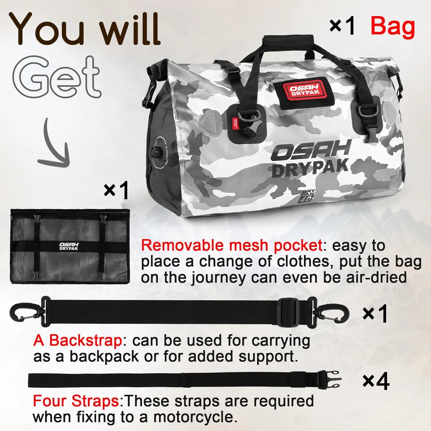 Waterproof Duffel Bag - Motorcycle Dry Bag Tail Bag with Large Storage Space, Waterproof Luggage Duffle Bags with Outer Mesh Zipper Pocket for Camping, Kayaking, Fishing & Traveling