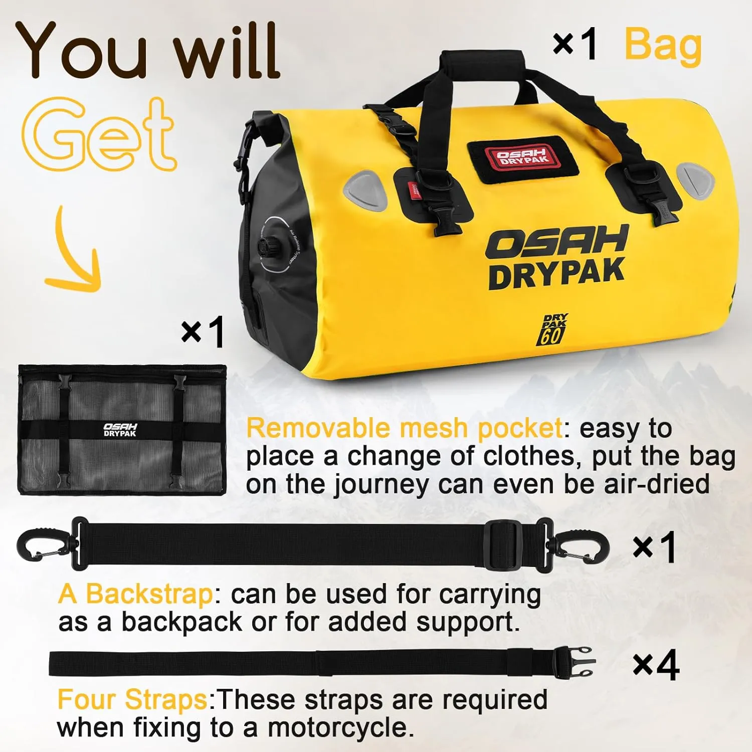 Waterproof Duffel Bag - Motorcycle Dry Bag Tail Bag with Large Storage Space, Waterproof Luggage Duffle Bags with Outer Mesh Zipper Pocket for Camping, Kayaking, Fishing & Traveling