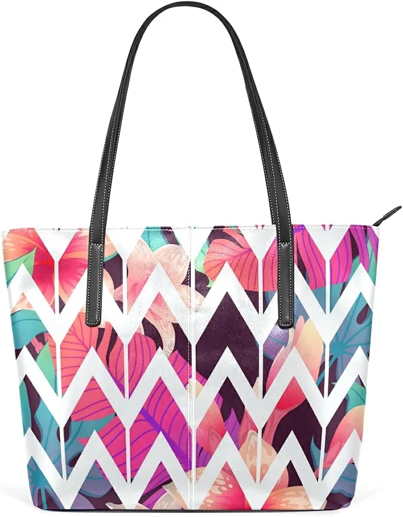 Wave Tropic Leaves Tote Bag for Women Leather Shoulder Handbag with Zipper and Pockets Fashion Casual Handle Bag Purse for Travel Beach Working Laptop School Gym Shopping